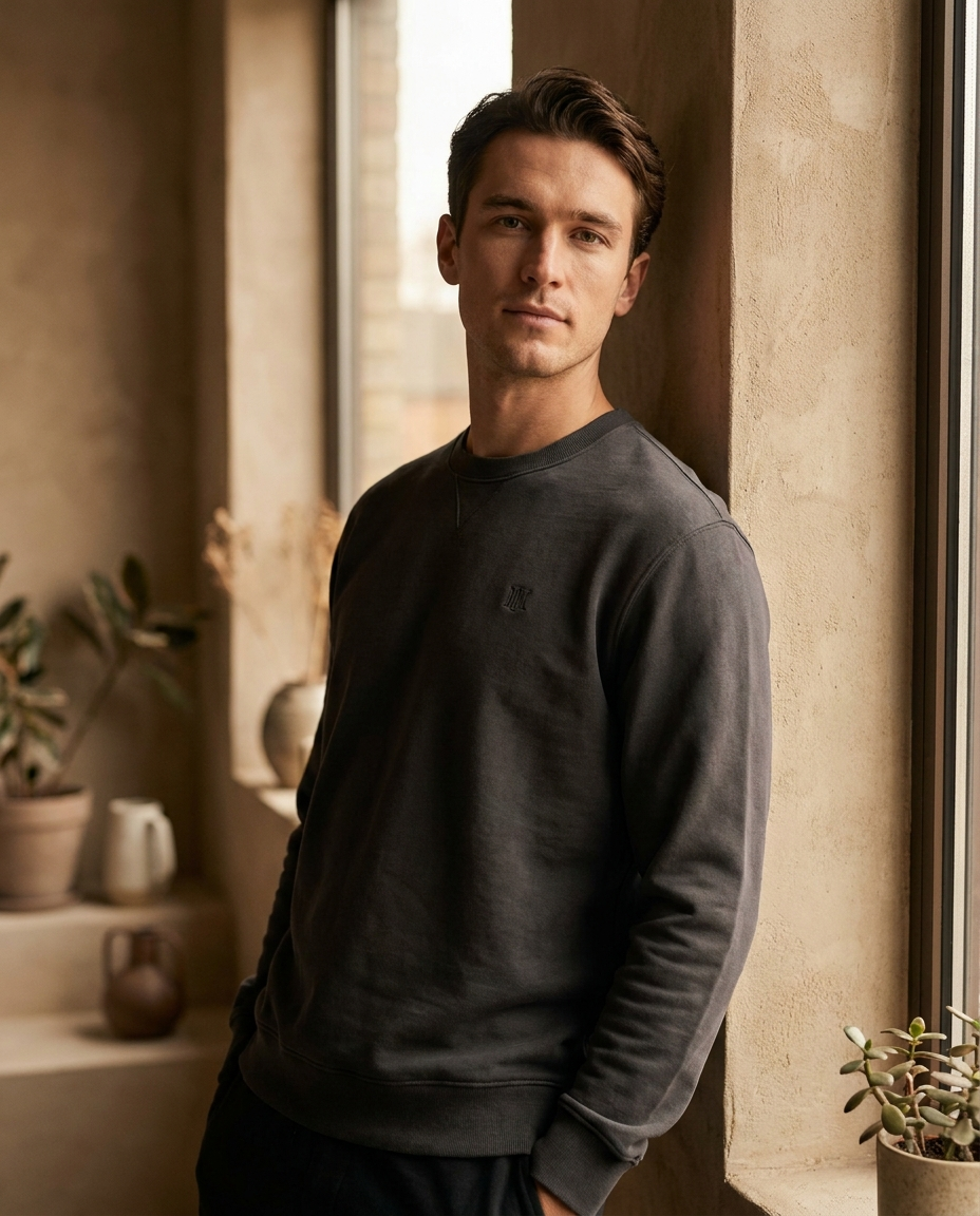 Man wearing a charcoal crewneck sweatshirt in soft window light