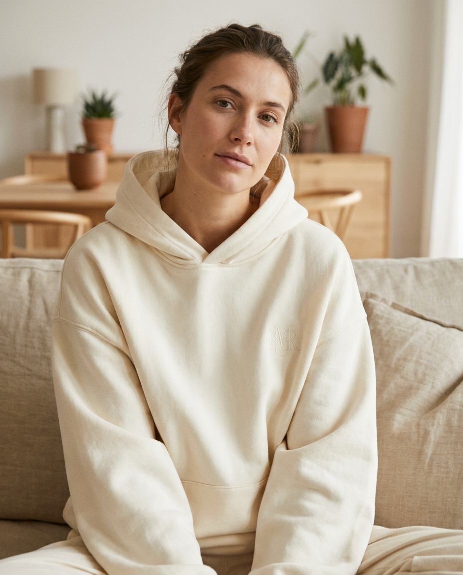 Woman wearing an oversized cream hoodie on a linen sofa