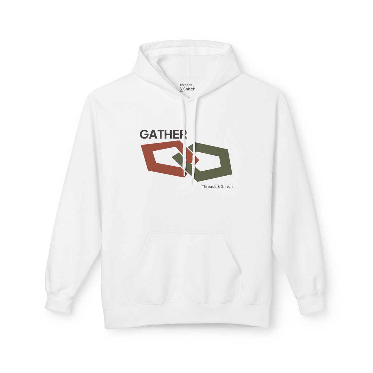 Mockup of Gather Ribbon Graphic Hoodie in White, front view showing two interlocking angular ribbon loops with Gather lettering.