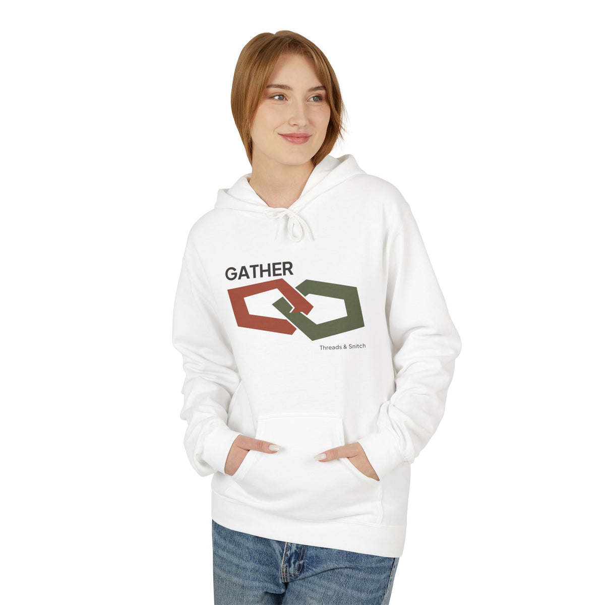 Model mockup of Gather Ribbon Graphic Hoodie in White, front view showing two interlocking angular ribbon loops with Gather lettering.