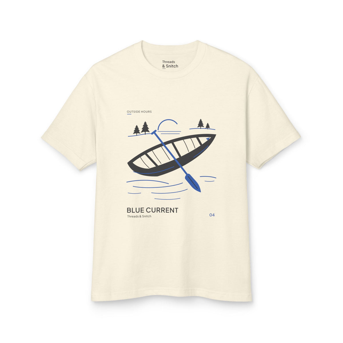 Mockup of Blue Current Canoe Graphic Tee in Faded Cream, front view showing a canoe and blue paddle above broken water lines.