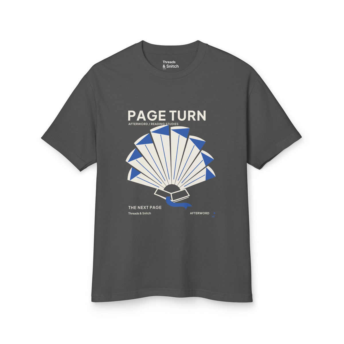 Mockup of Page Turn Book Graphic Tee in Faded Black, front view showing book pages fanned into a radial shape with blue folds and bookmark.