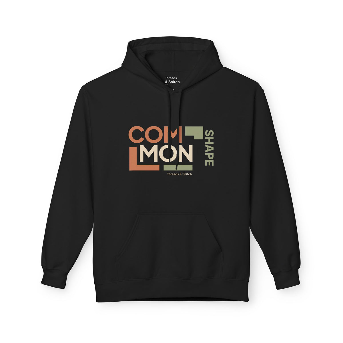 Mockup of Common Shape Typography Hoodie in Black, front view showing stacked Common lettering, vertical Shape lettering and stepped blocks.