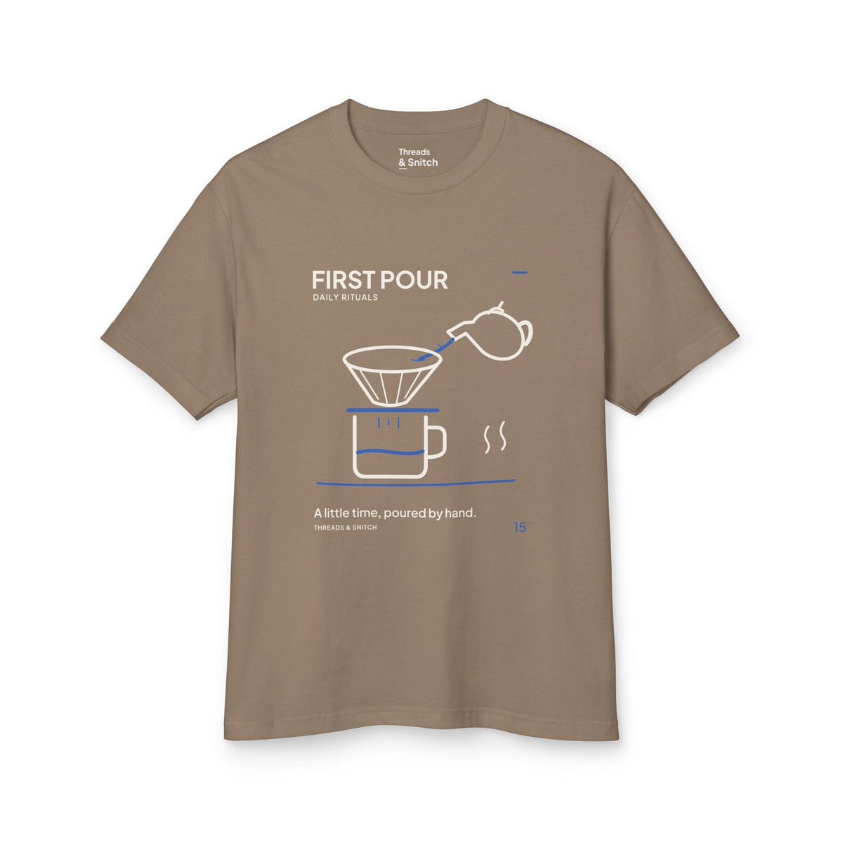 Mockup of First Pour Coffee Graphic Tee in Faded Brown, front view showing kettle pouring blue water into a coffee filter above a brew pot.
