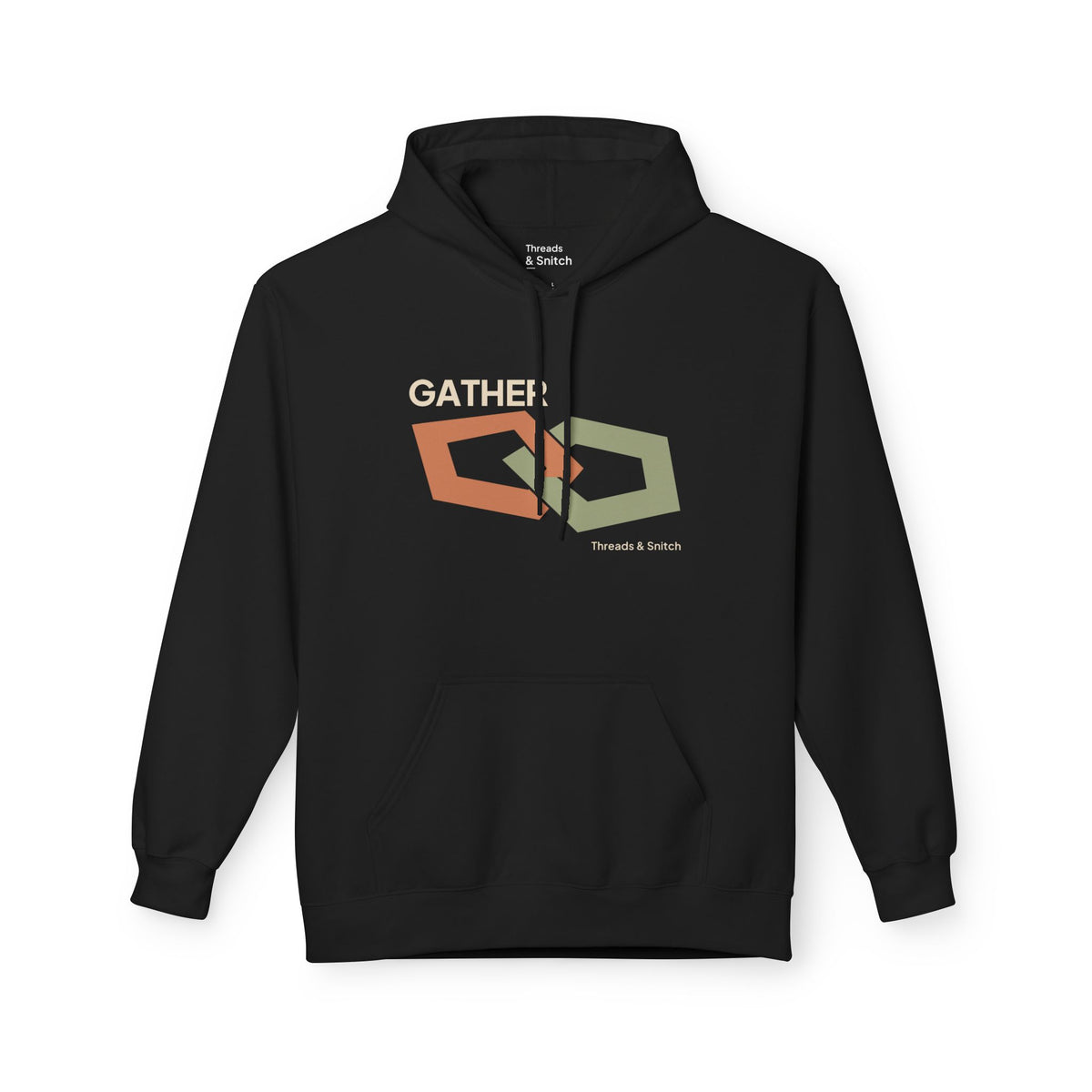 Mockup of Gather Ribbon Graphic Hoodie in Black, front view showing two interlocking angular ribbon loops with Gather lettering.