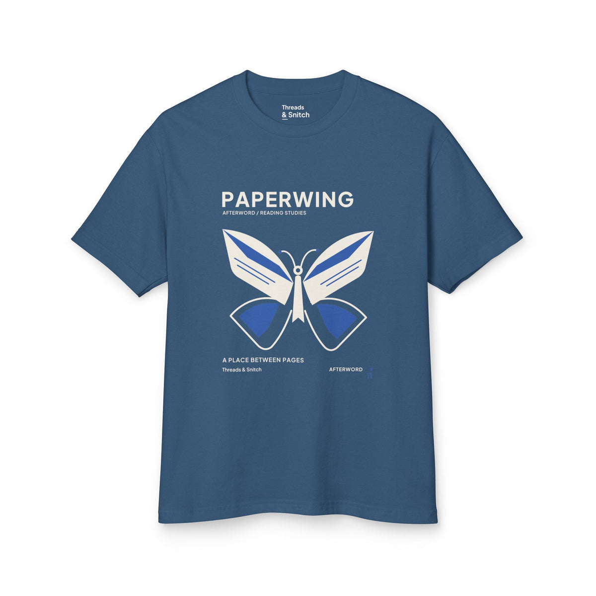 Mockup of Paperwing Bookish Moth Tee in Faded Navy, front view showing moth formed from folded-paper wings and a bookmark-like body.
