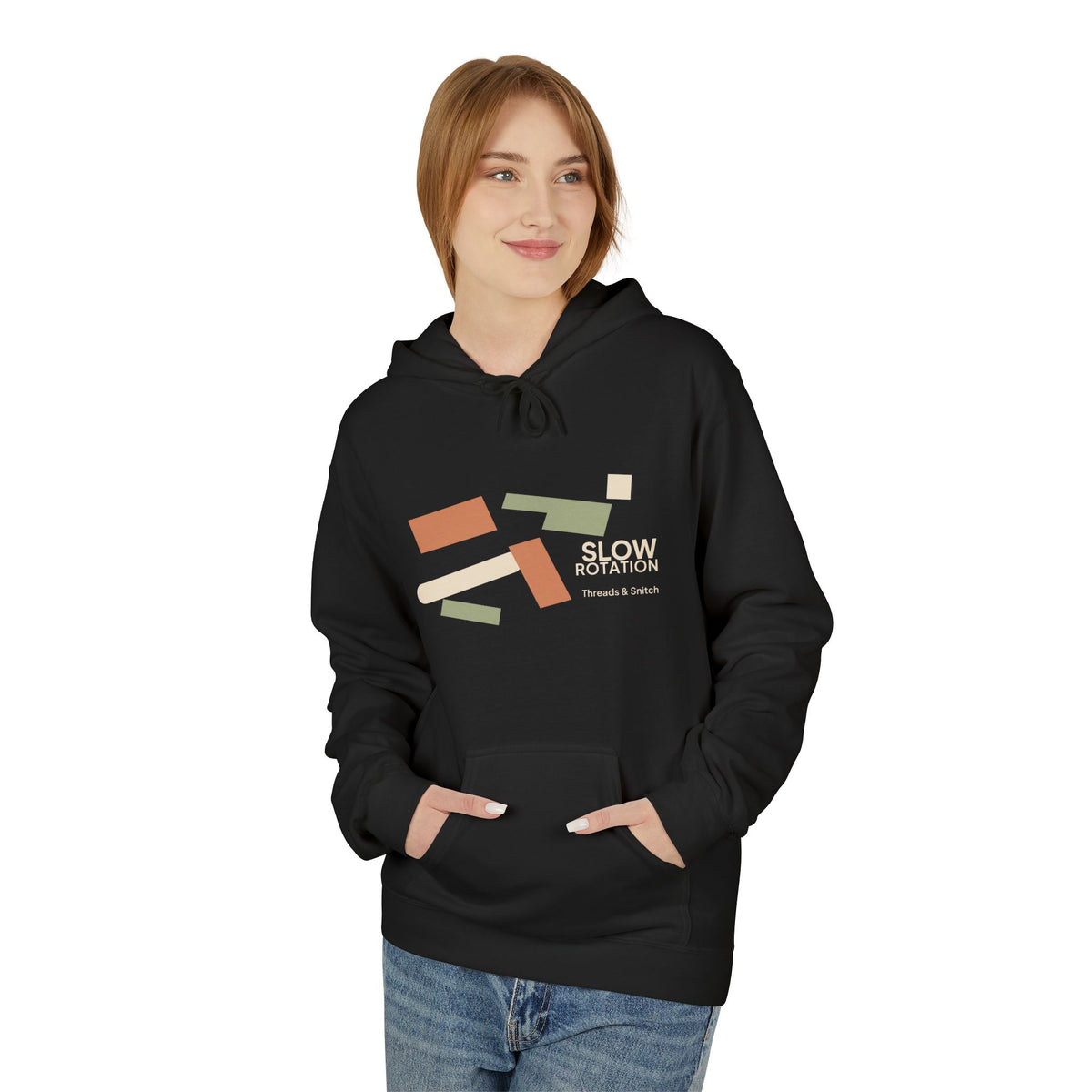 Model mockup of Slow Rotation Abstract Graphic Hoodie in Black, front view showing angled bars and separated geometric forms with Slow Rotation lettering.
