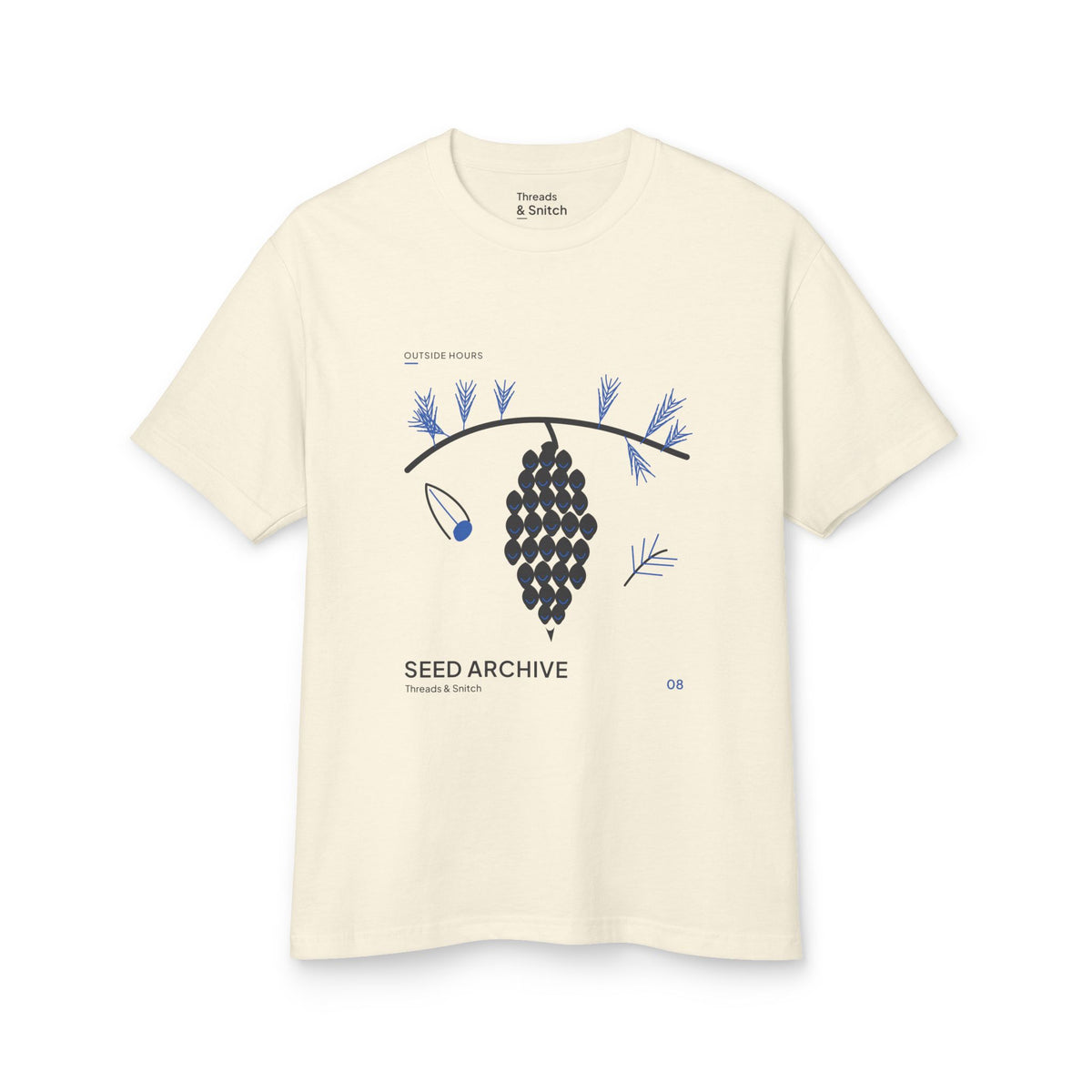 Mockup of Seed Archive Pinecone Tee in Faded Cream, front view showing pinecone beneath needle sprays with a separate winged seed.