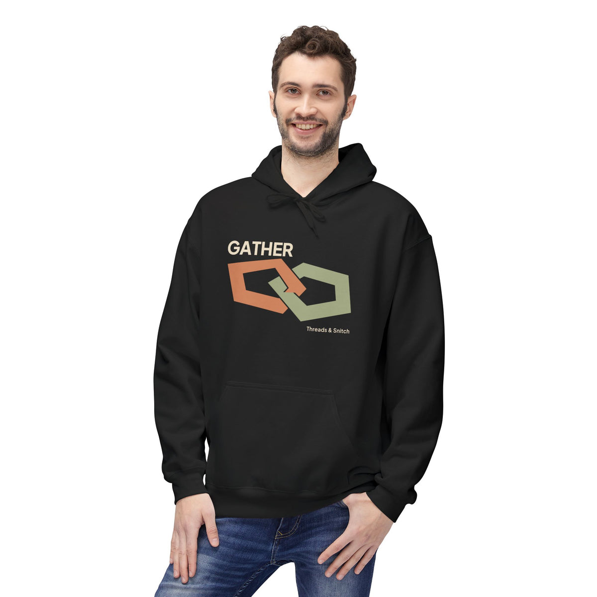 Model mockup of Gather Ribbon Graphic Hoodie in Black, front view showing two interlocking angular ribbon loops with Gather lettering.