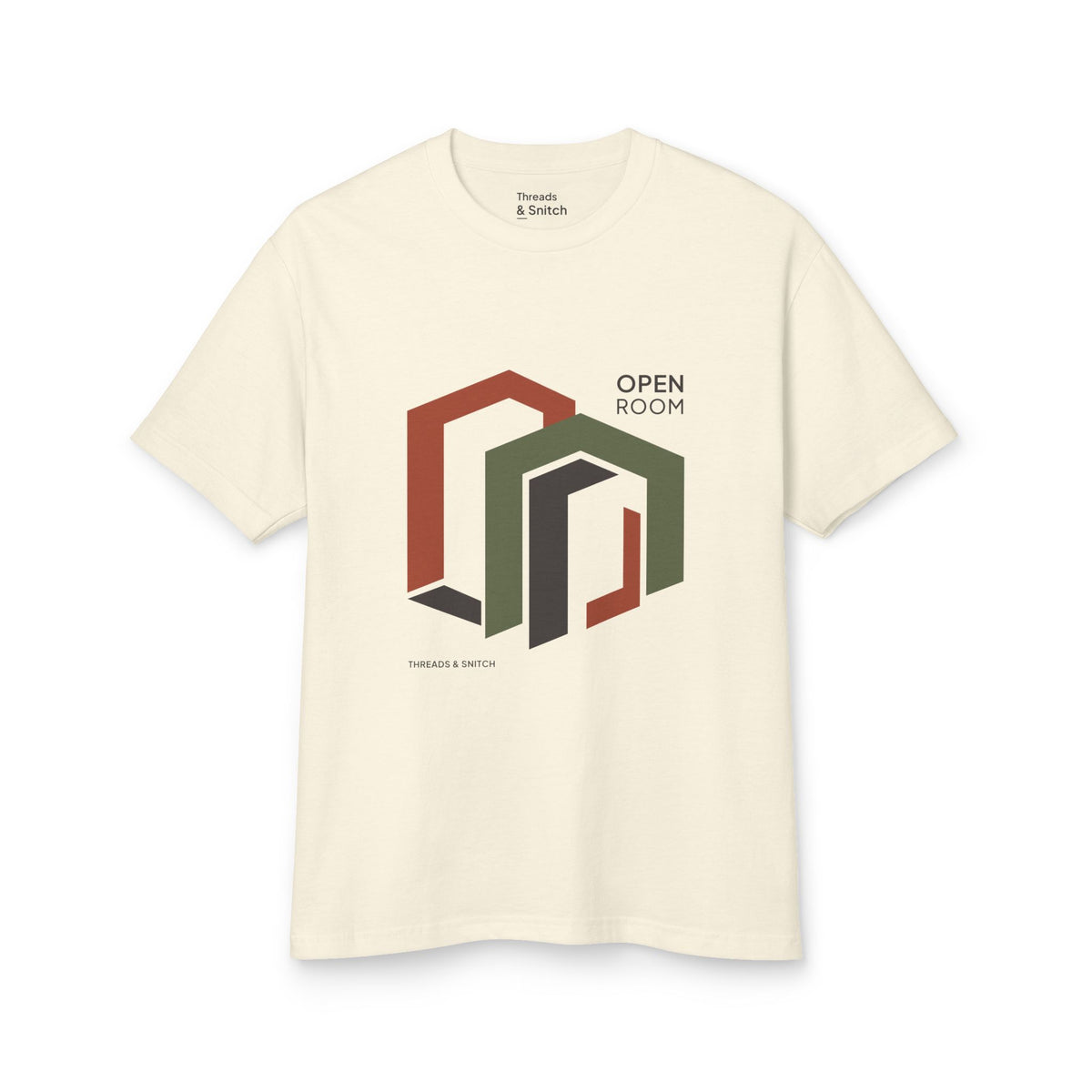 Mockup of Open Room Architectural Graphic Tee in Faded Cream, front view showing overlapping open doorway shapes with Open Room lettering.