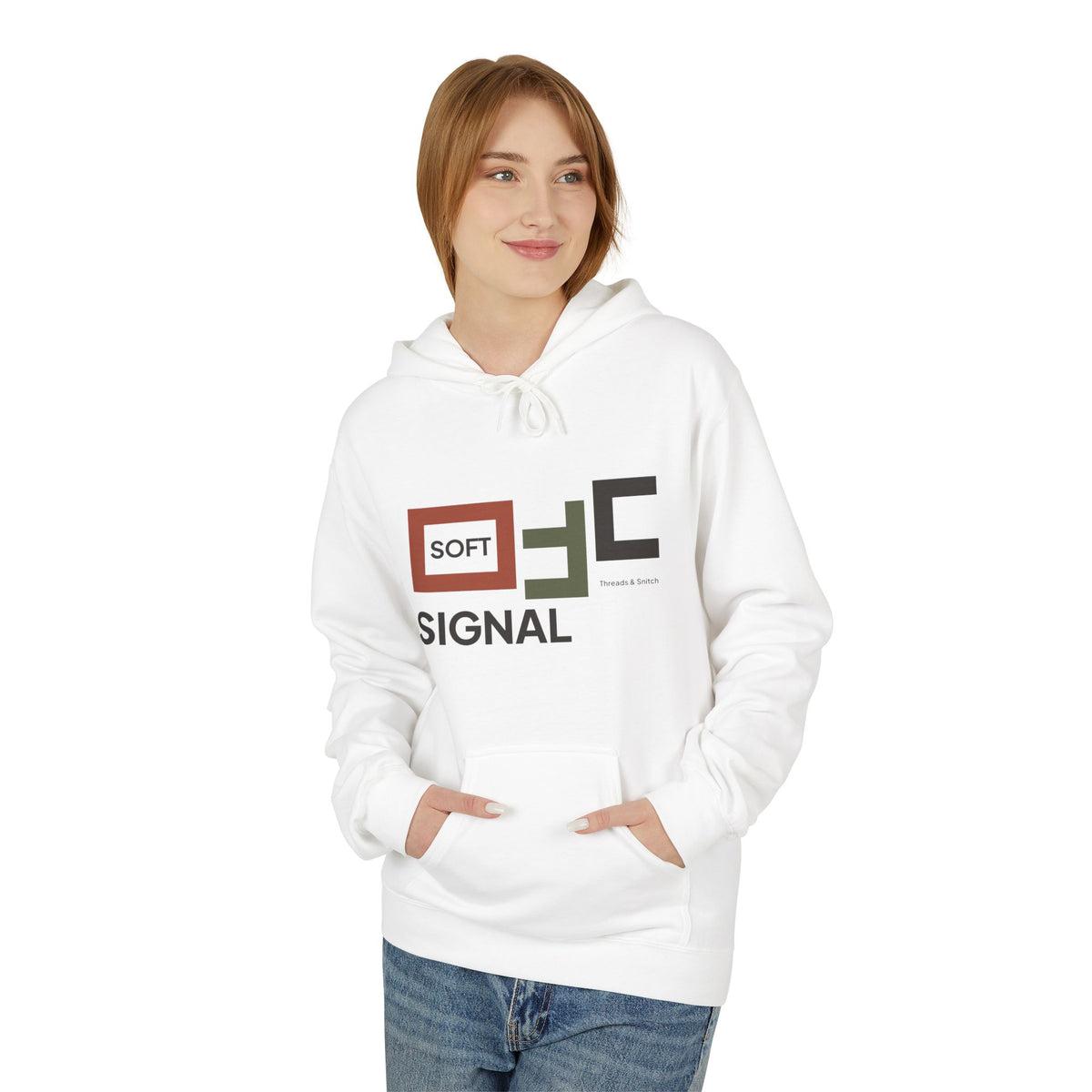 Model mockup of Soft Signal Geometric Graphic Hoodie in White, front view showing staggered rectangular window forms with Soft Signal lettering.