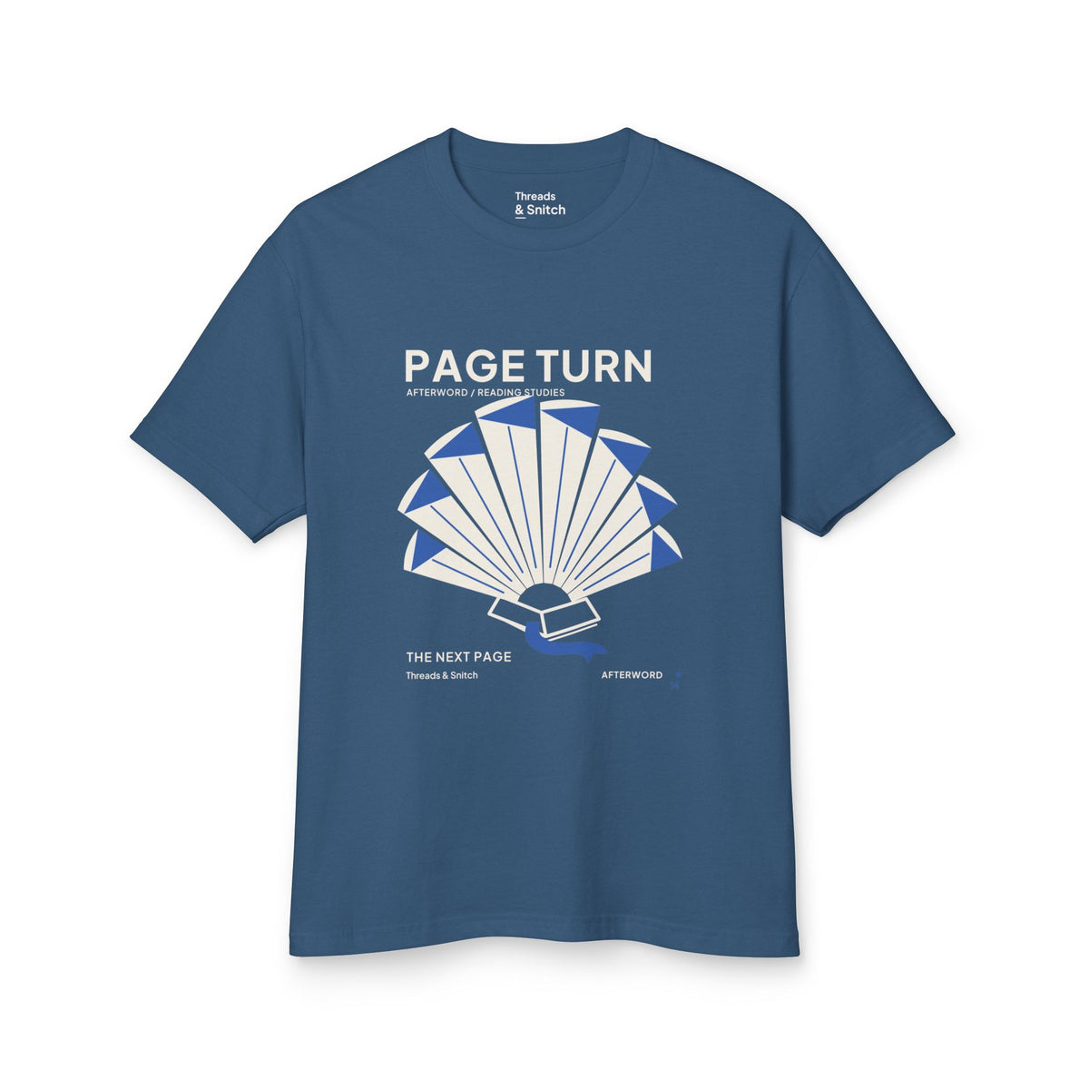 Mockup of Page Turn Book Graphic Tee in Faded Navy, front view showing book pages fanned into a radial shape with blue folds and bookmark.