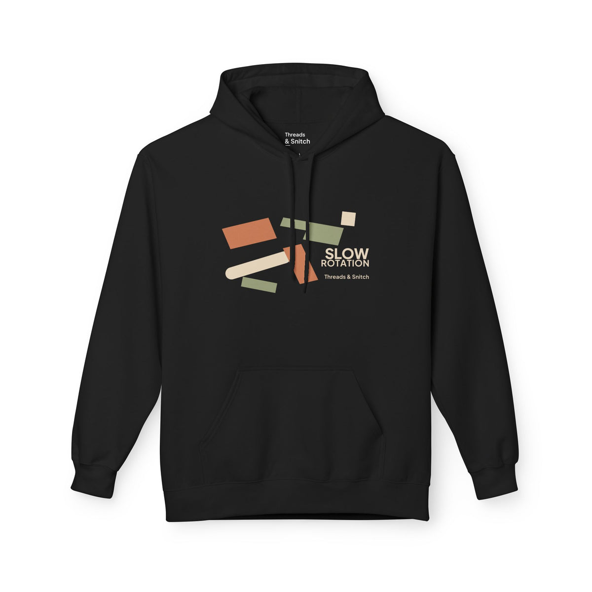 Mockup of Slow Rotation Abstract Graphic Hoodie in Black, front view showing angled bars and separated geometric forms with Slow Rotation lettering.