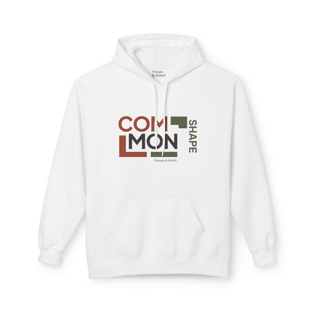 Mockup of Common Shape Typography Hoodie in White, front view showing stacked Common lettering, vertical Shape lettering and stepped blocks.