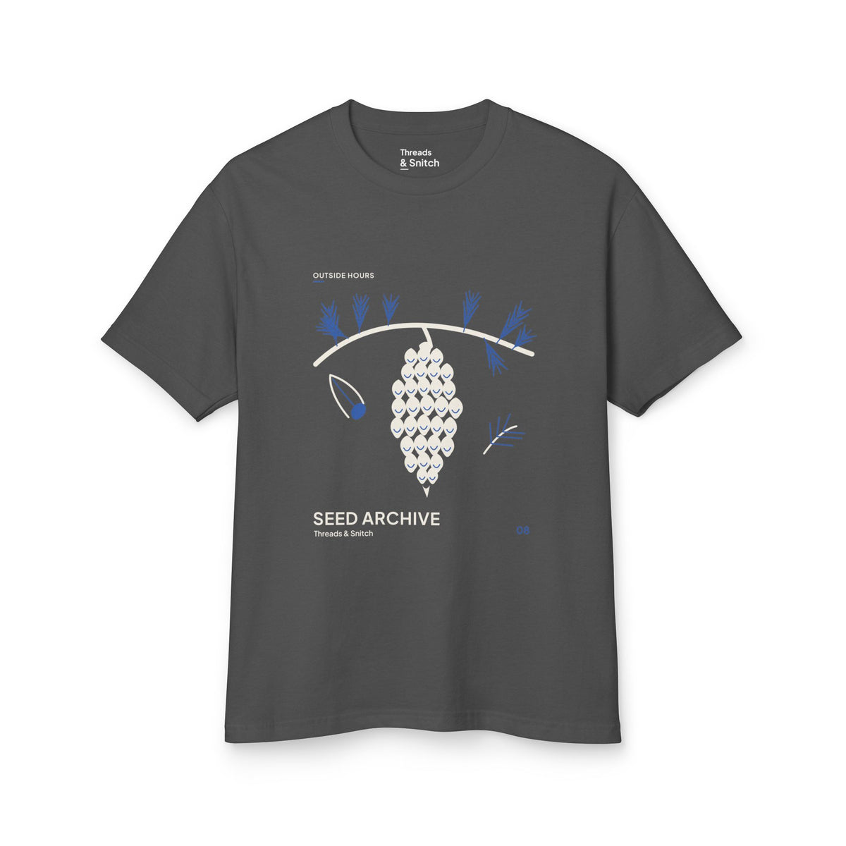 Mockup of Seed Archive Pinecone Tee in Faded Black, front view showing pinecone beneath needle sprays with a separate winged seed.