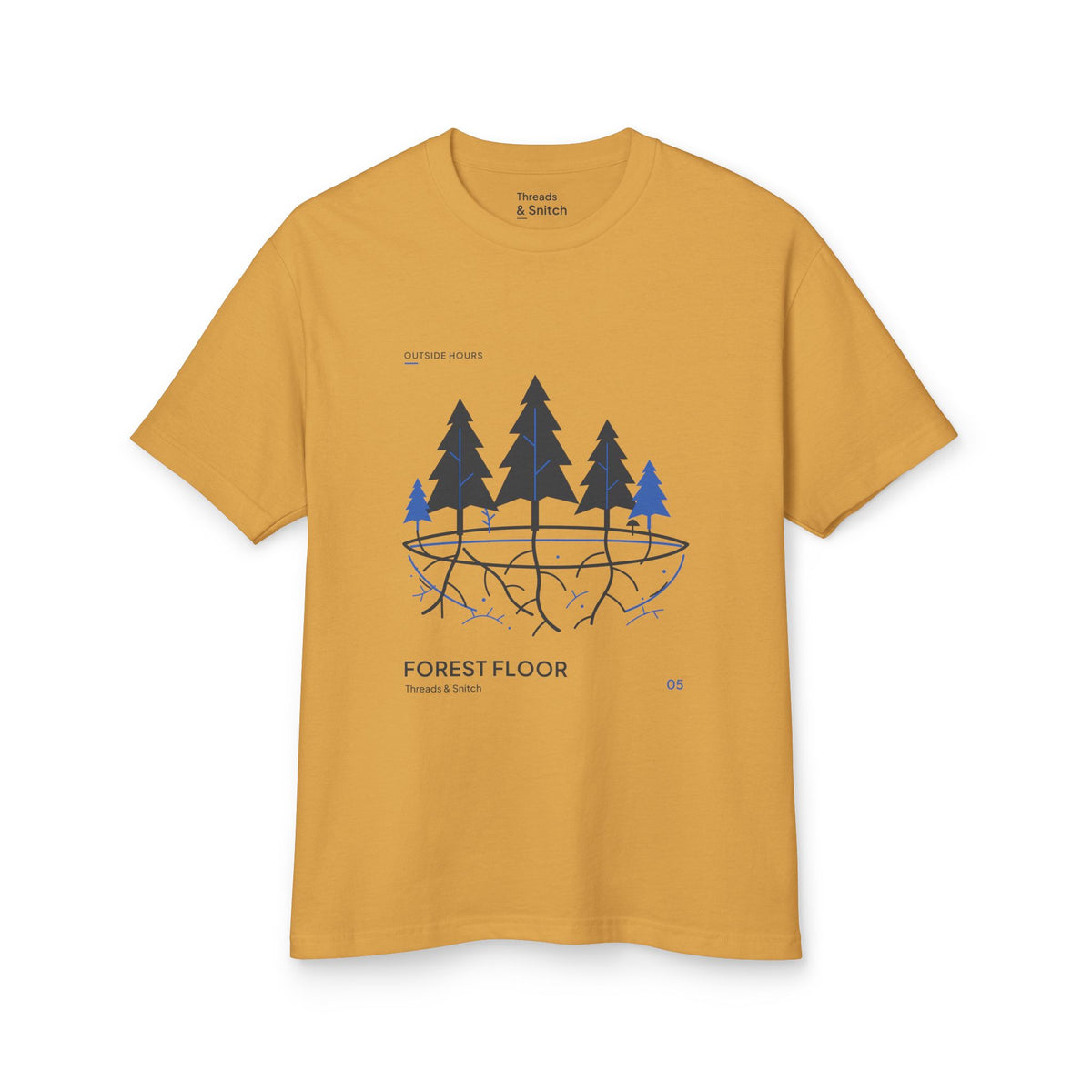 Mockup of Forest Floor Botanical Tee in Faded Mustard, front view showing five trees above exposed roots and a blue underground network.