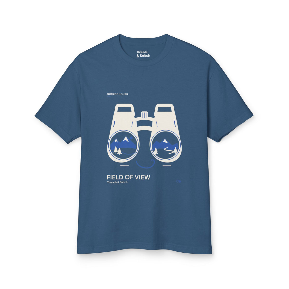 Mockup of Field of View Binoculars Tee in Faded Navy, front view showing binoculars with mountain and river landscapes inside the lenses.