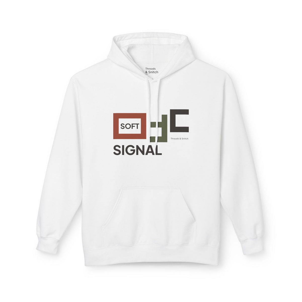 Mockup of Soft Signal Geometric Graphic Hoodie in White, front view showing staggered rectangular window forms with Soft Signal lettering.
