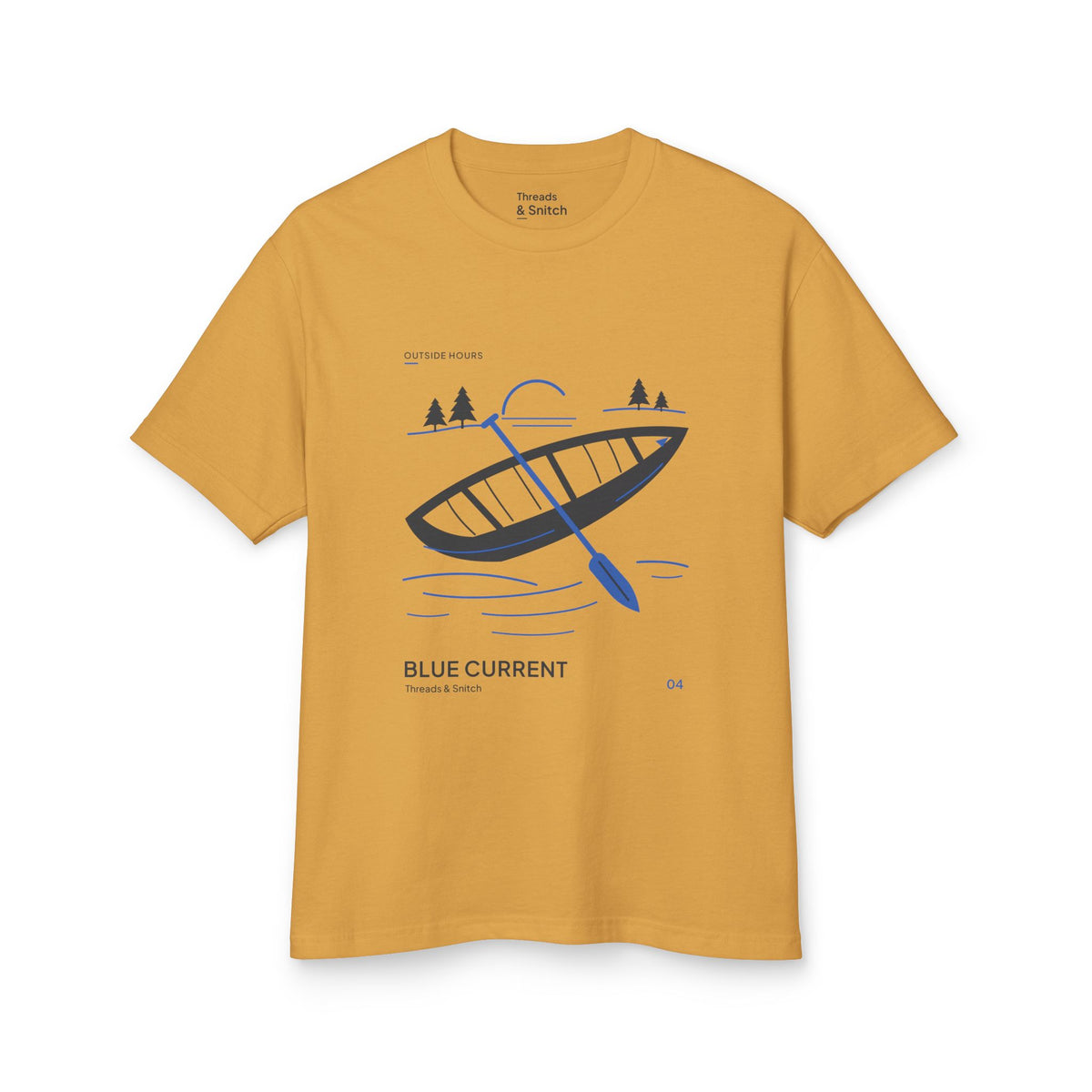 Mockup of Blue Current Canoe Graphic Tee in Faded Mustard, front view showing a canoe and blue paddle above broken water lines.