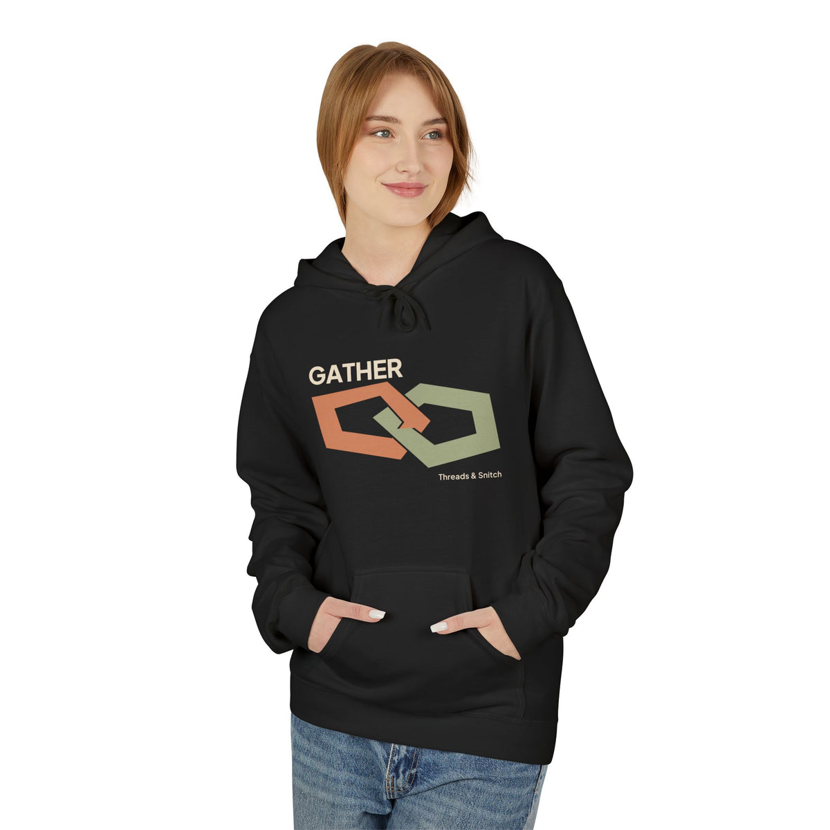 Model mockup of Gather Ribbon Graphic Hoodie in Black, front view showing two interlocking angular ribbon loops with Gather lettering.