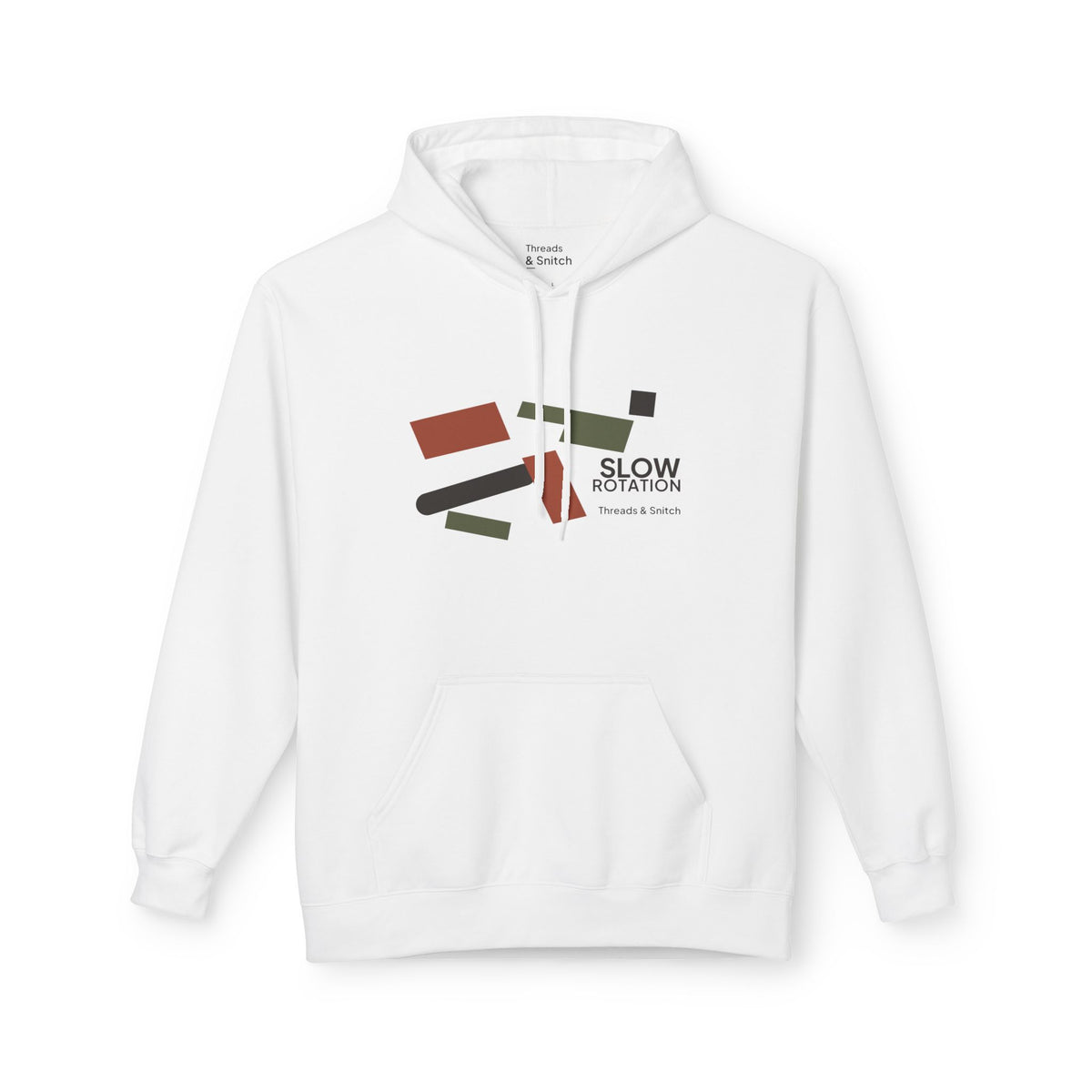 Mockup of Slow Rotation Abstract Graphic Hoodie in White, front view showing angled bars and separated geometric forms with Slow Rotation lettering.