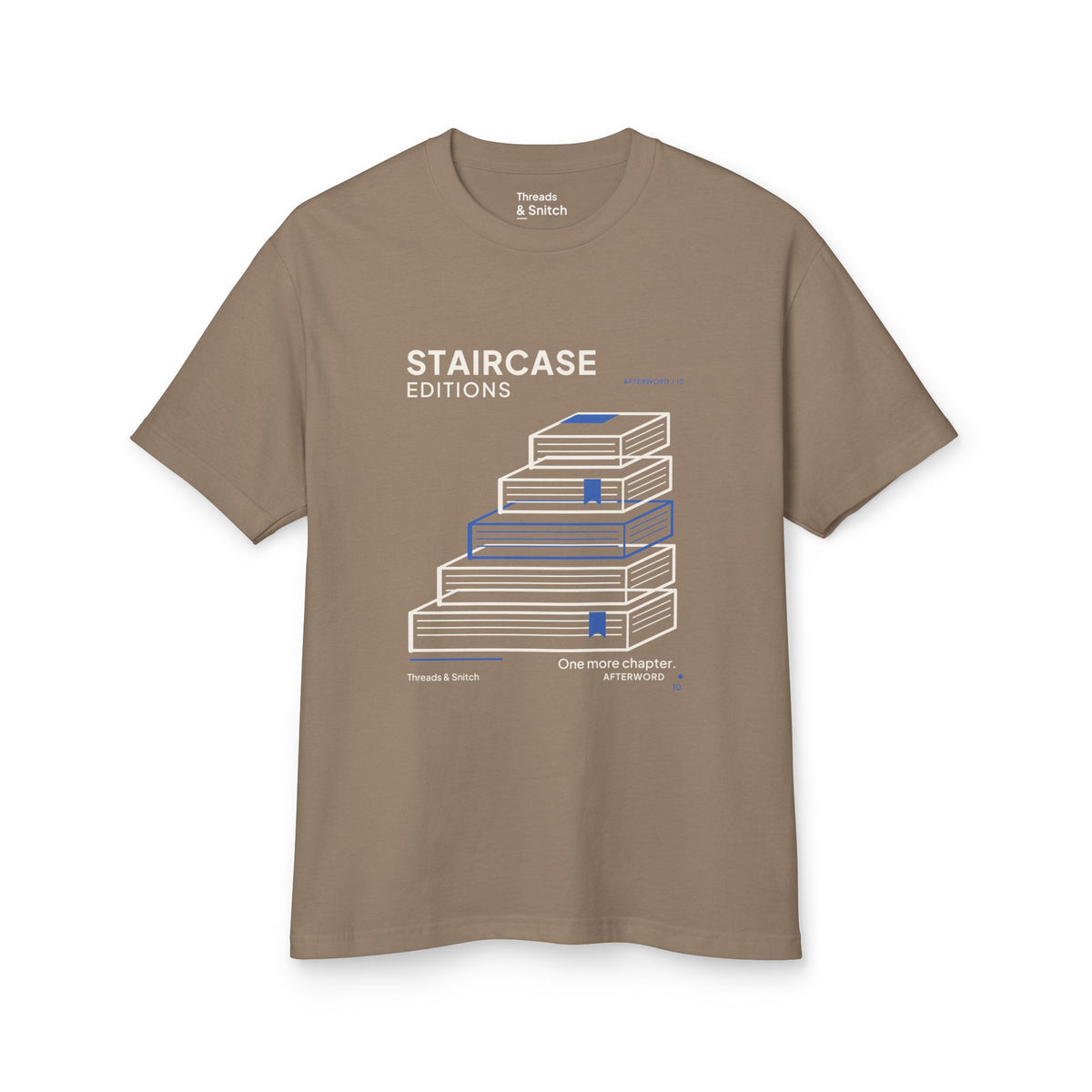 Mockup of Staircase Editions Book Stack Tee in Faded Brown, front view showing five staggered books forming stairs with blue bookmarks.