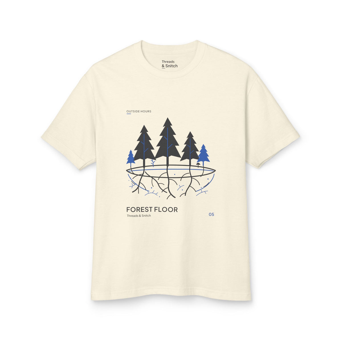 Mockup of Forest Floor Botanical Tee in Faded Cream, front view showing five trees above exposed roots and a blue underground network.