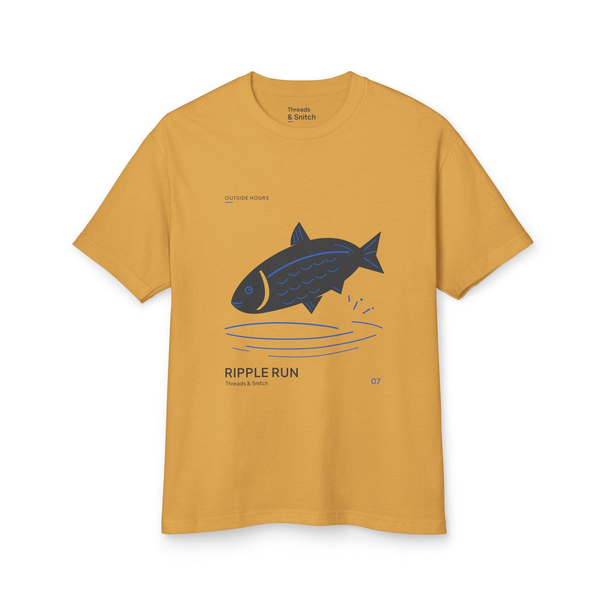 Mockup of Ripple Run Fish Graphic Tee in Faded Mustard, front view showing fish above wide blue water ripples.