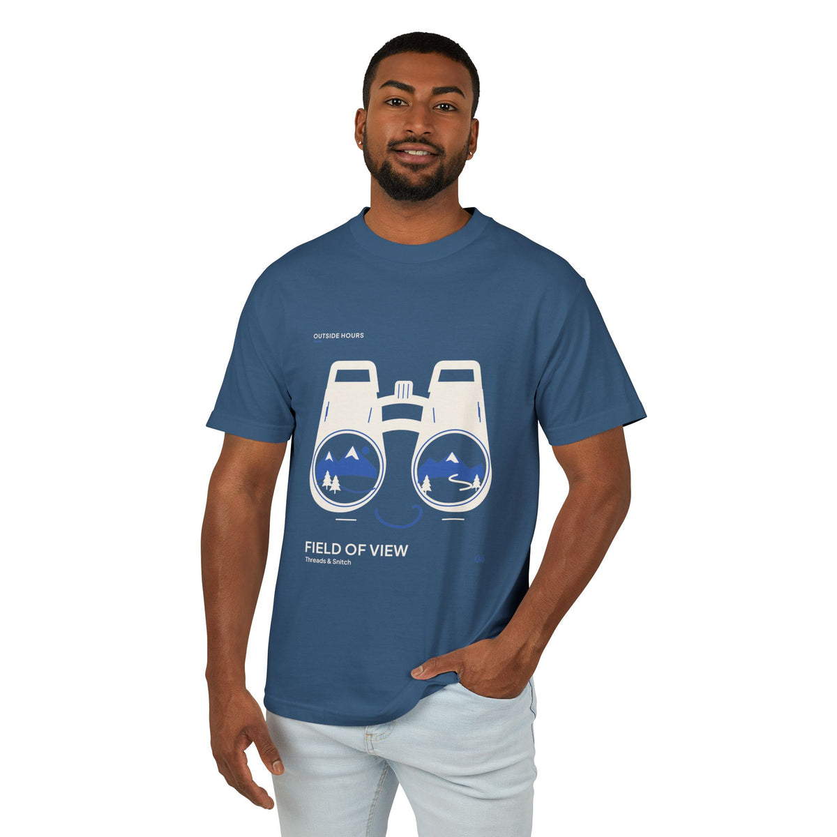 Model mockup of Field of View Binoculars Tee in Faded Navy, front view showing binoculars with mountain and river landscapes inside the lenses.