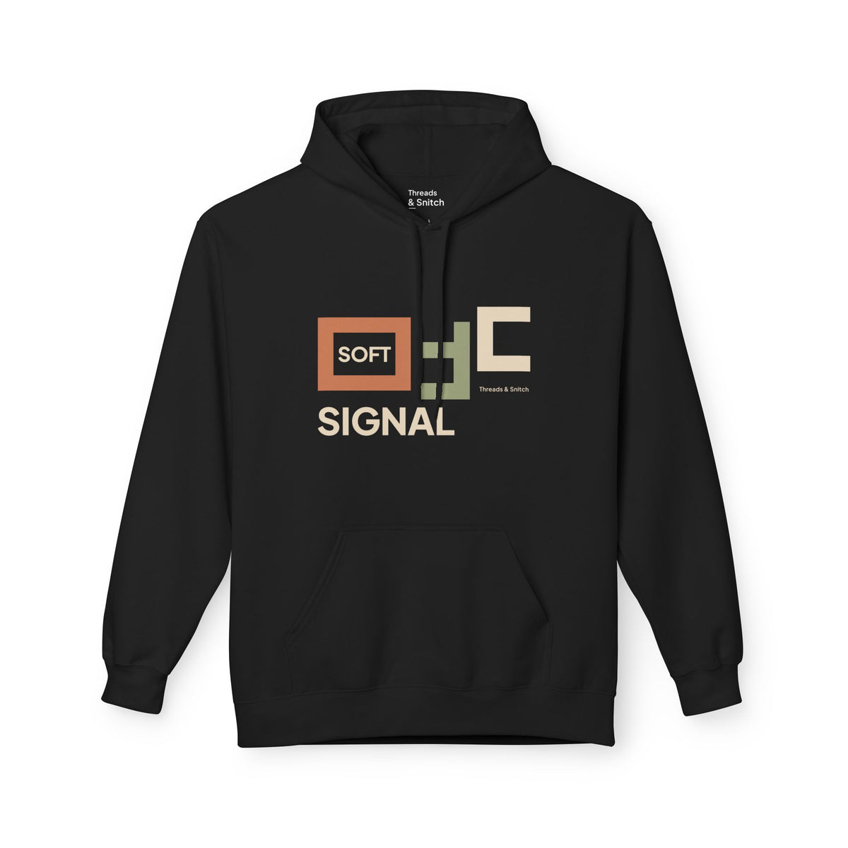 Mockup of Soft Signal Geometric Graphic Hoodie in Black, front view showing staggered rectangular window forms with Soft Signal lettering.