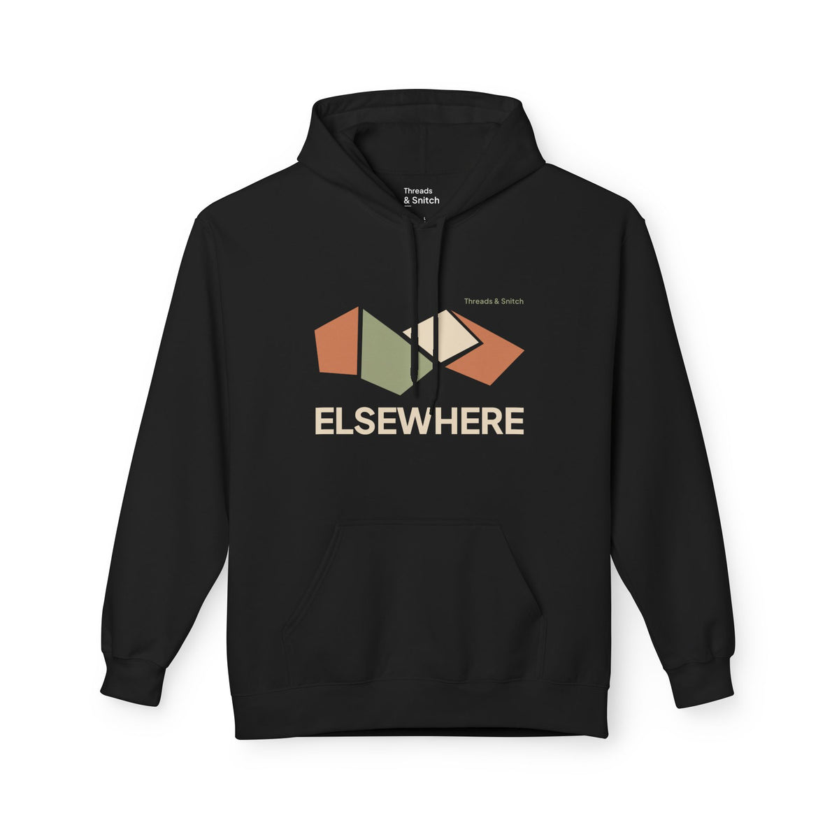 Mockup of Elsewhere Folded Form Graphic Hoodie in Black, front view showing four folded paper-like panels above Elsewhere lettering.