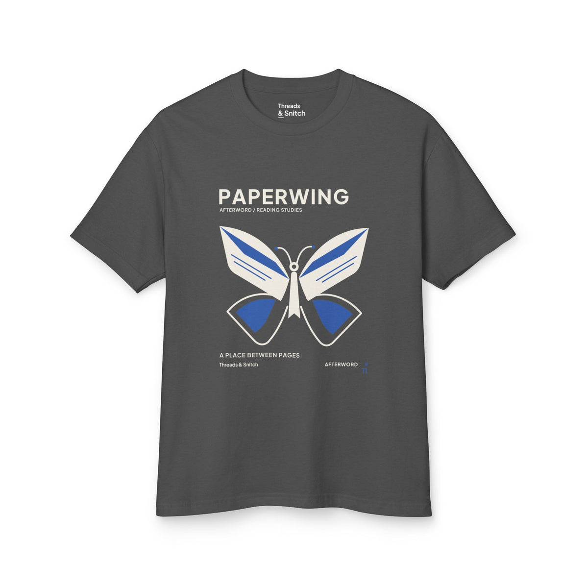Mockup of Paperwing Bookish Moth Tee in Faded Black, front view showing moth formed from folded-paper wings and a bookmark-like body.