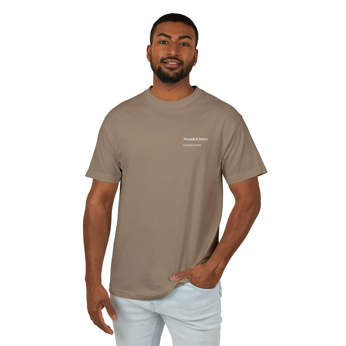 Front-view model mockup of Shore Study Bird Graphic Tee in Faded Brown, showing the small left-chest signature.
