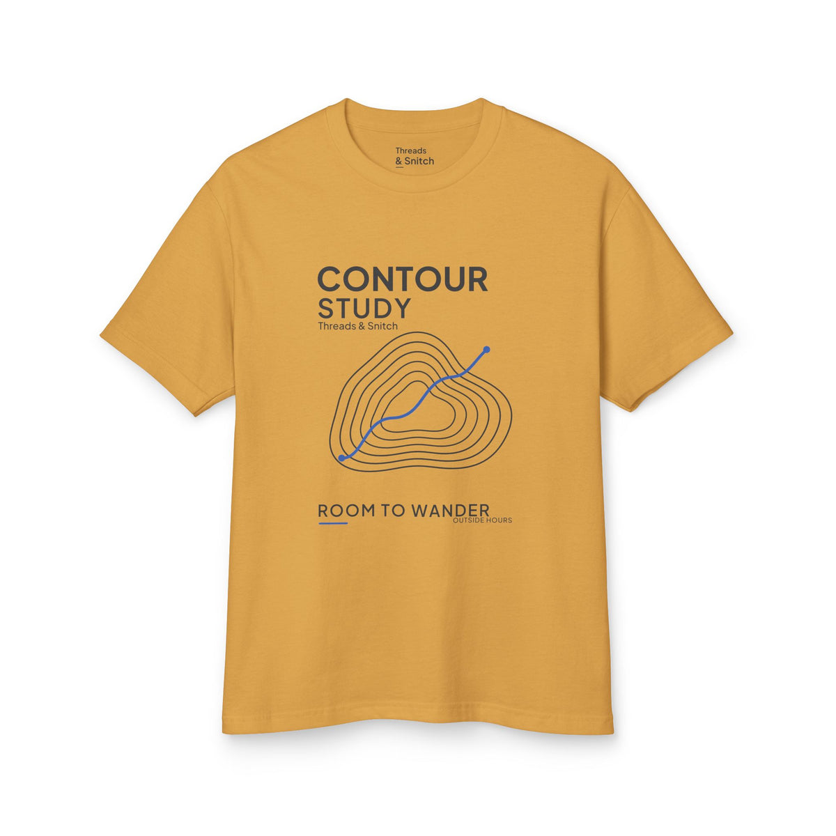 Mockup of Contour Study Topographic Tee in Faded Mustard, front view showing contour lines crossed by a blue route.