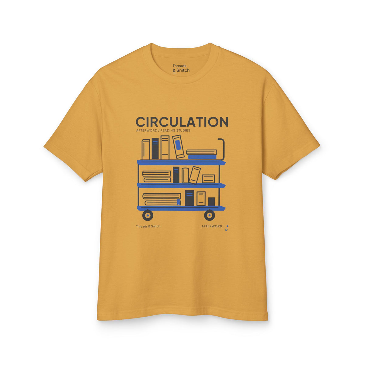 Mockup of Circulation Library Cart Tee in Faded Mustard, front view showing three-tier library cart filled with books and blue shelves.