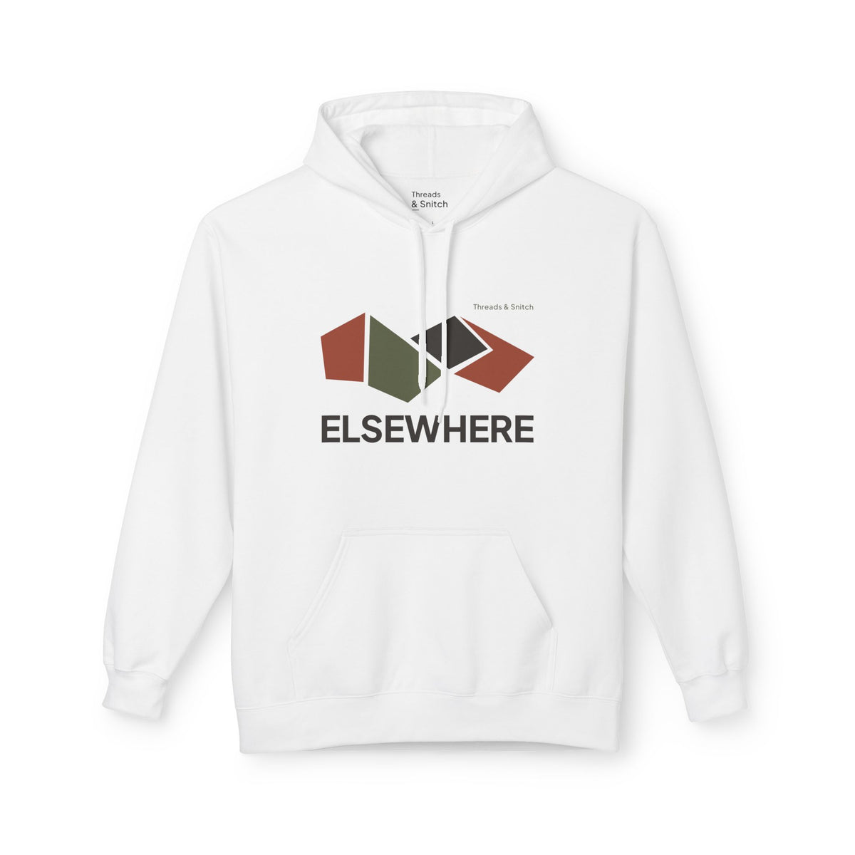 Mockup of Elsewhere Folded Form Graphic Hoodie in White, front view showing four folded paper-like panels above Elsewhere lettering.