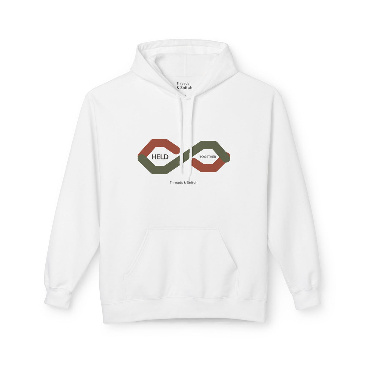 Mockup of Held Together Knot Graphic Hoodie in White, front view showing overlapping segmented ribbons forming a knot with Held Together lettering.