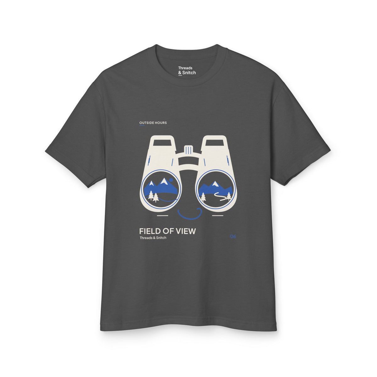 Mockup of Field of View Binoculars Tee in Faded Black, front view showing binoculars with mountain and river landscapes inside the lenses.