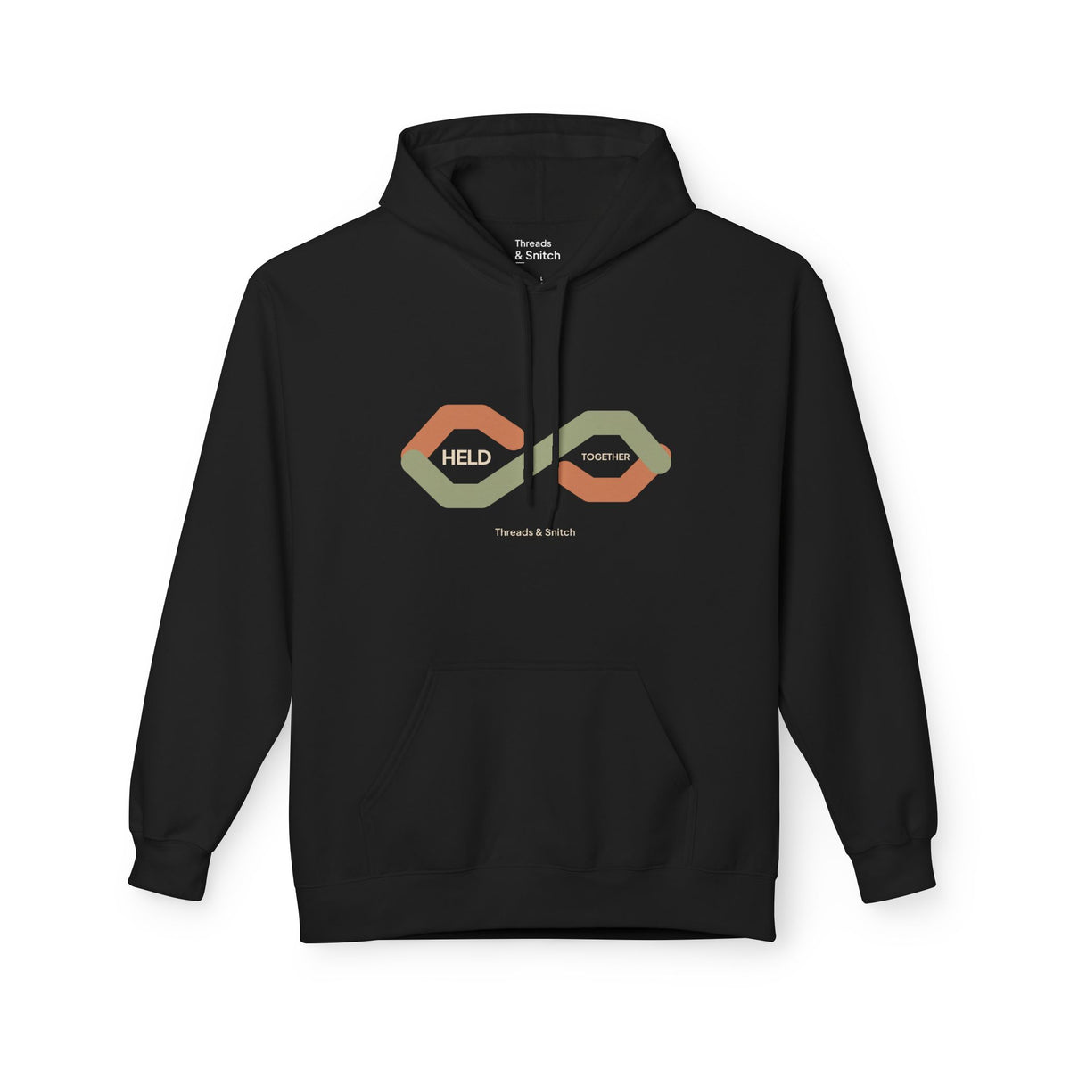 Mockup of Held Together Knot Graphic Hoodie in Black, front view showing overlapping segmented ribbons forming a knot with Held Together lettering.