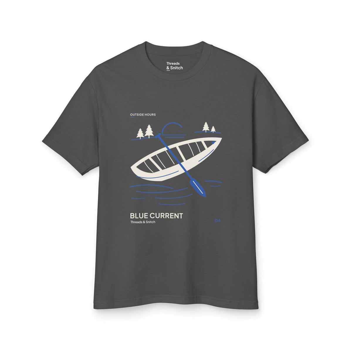 Mockup of Blue Current Canoe Graphic Tee in Faded Black, front view showing a canoe and blue paddle above broken water lines.