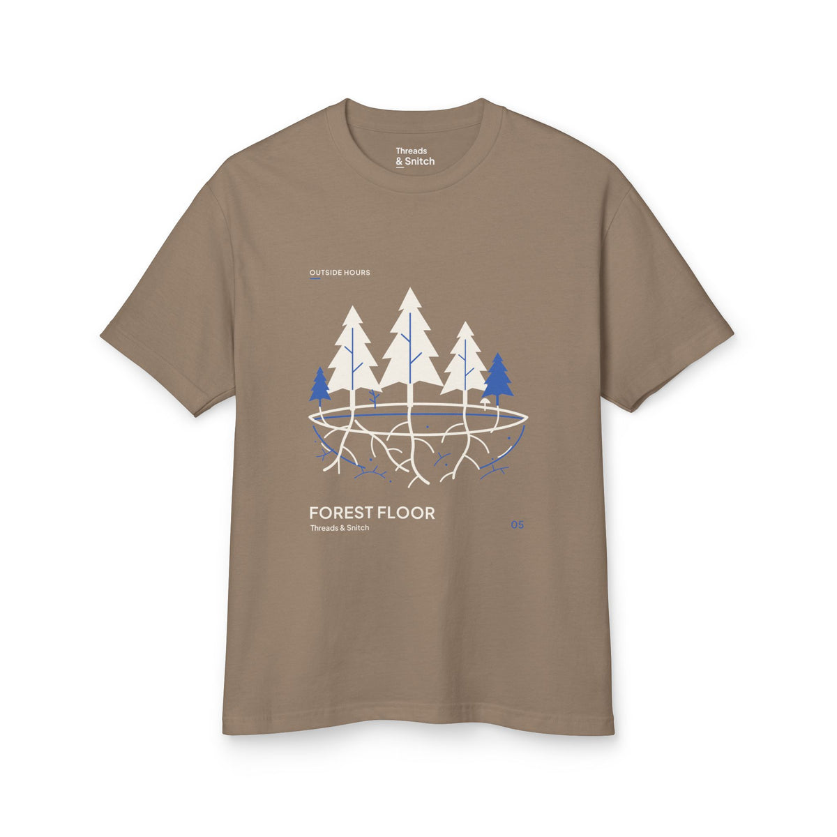 Mockup of Forest Floor Botanical Tee in Faded Brown, front view showing five trees above exposed roots and a blue underground network.
