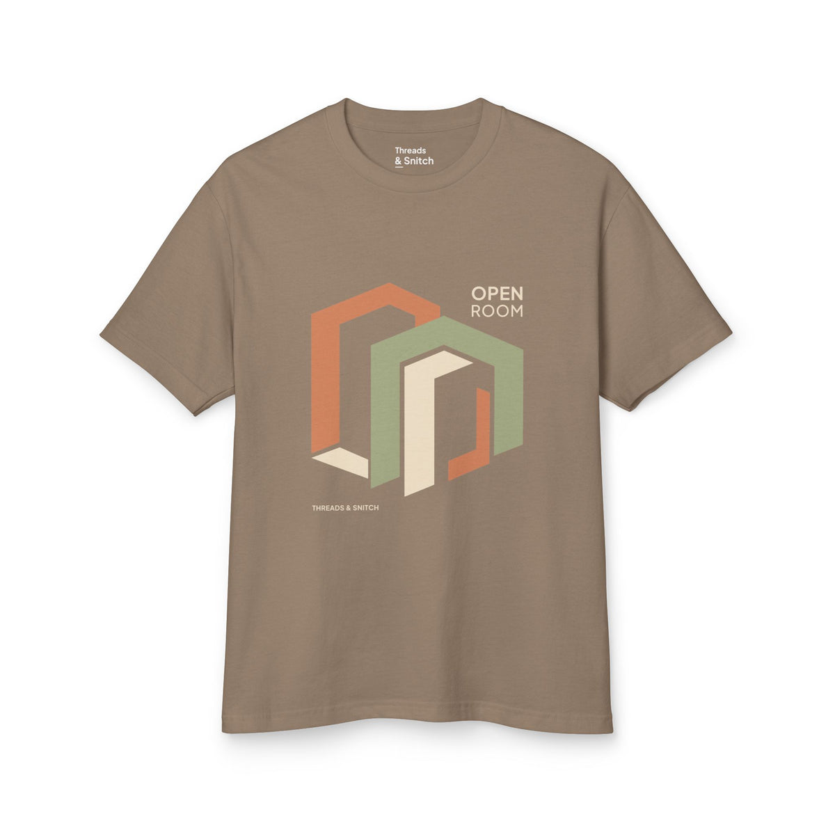 Mockup of Open Room Architectural Graphic Tee in Faded Brown, front view showing overlapping open doorway shapes with Open Room lettering.