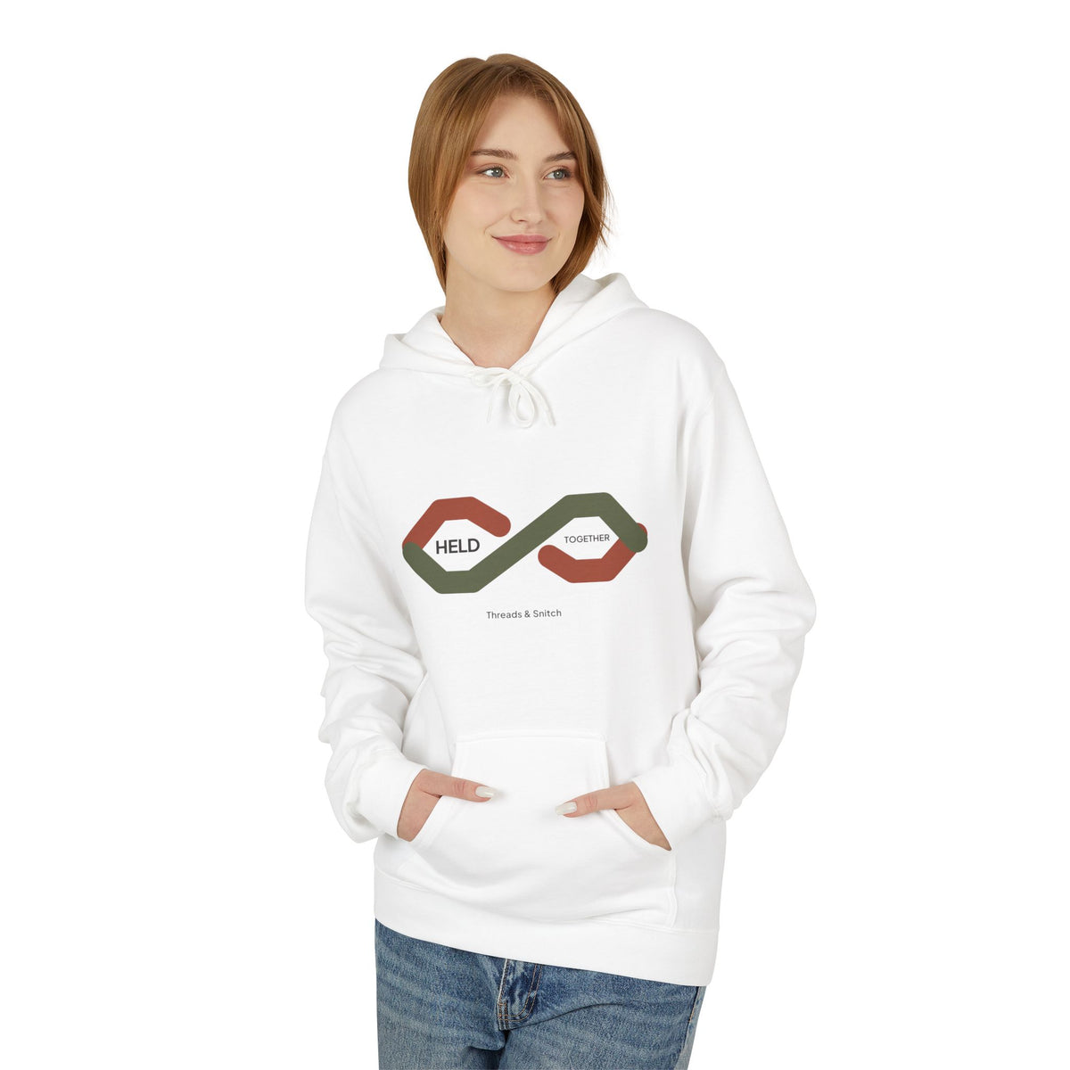 Model mockup of Held Together Knot Graphic Hoodie in White, front view showing overlapping segmented ribbons forming a knot with Held Together lettering.