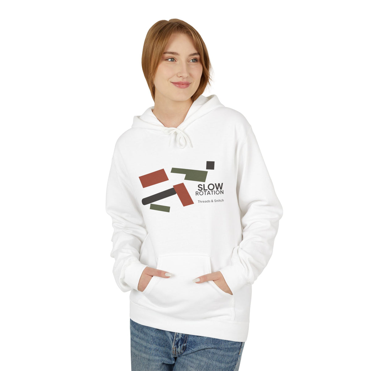 Model mockup of Slow Rotation Abstract Graphic Hoodie in White, front view showing angled bars and separated geometric forms with Slow Rotation lettering.
