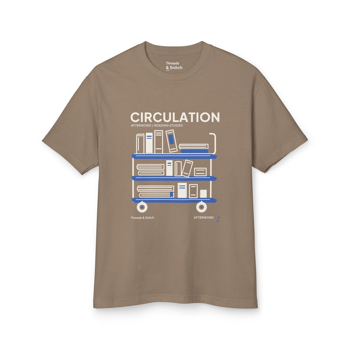 Mockup of Circulation Library Cart Tee in Faded Brown, front view showing three-tier library cart filled with books and blue shelves.