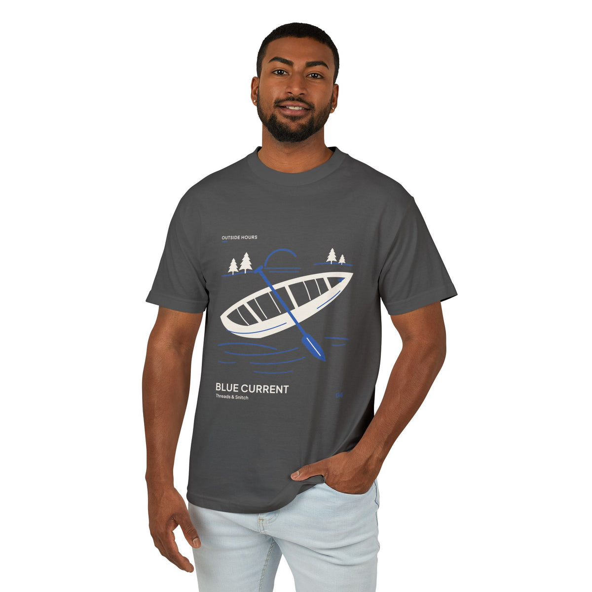 Front-view model mockup of Blue Current Canoe Graphic Tee in Faded Black, worn with light jeans.