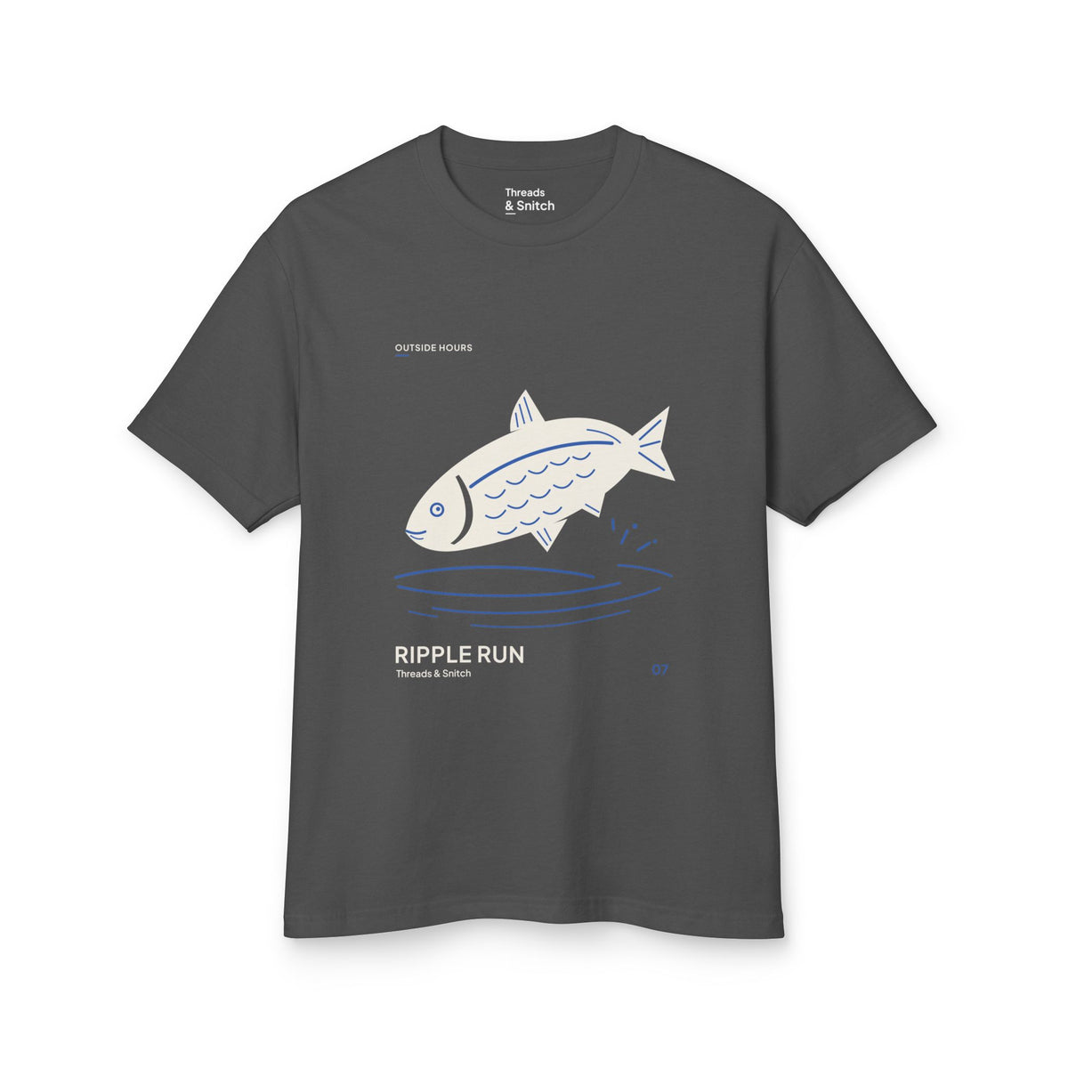 Mockup of Ripple Run Fish Graphic Tee in Faded Black, front view showing fish above wide blue water ripples.