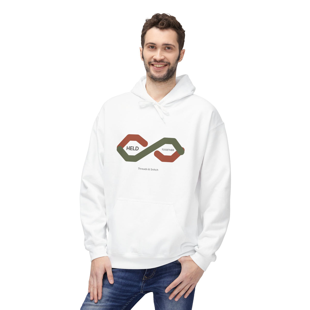 Model mockup of Held Together Knot Graphic Hoodie in White, front view showing overlapping segmented ribbons forming a knot with Held Together lettering.