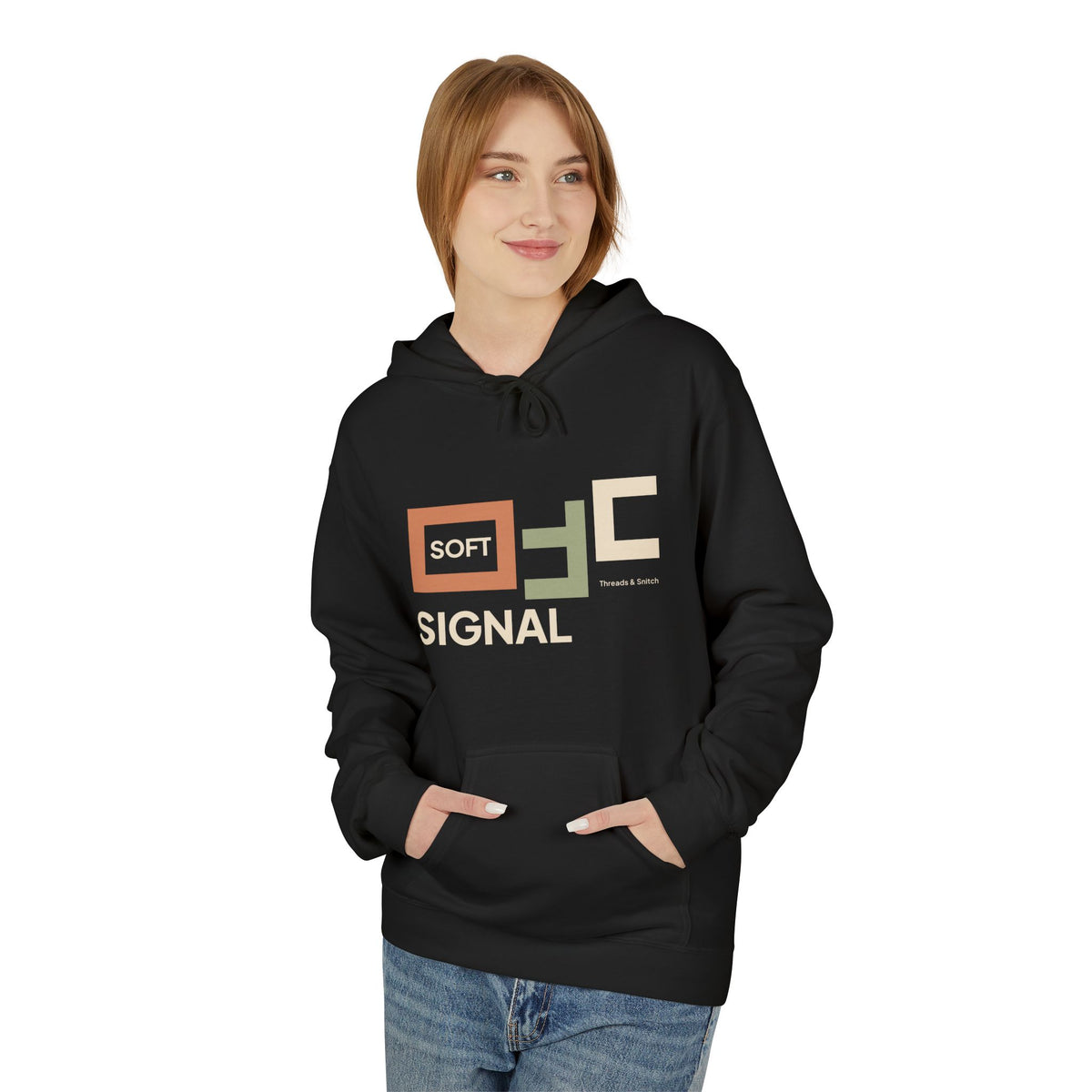 Model mockup of Soft Signal Geometric Graphic Hoodie in Black, front view showing staggered rectangular window forms with Soft Signal lettering.