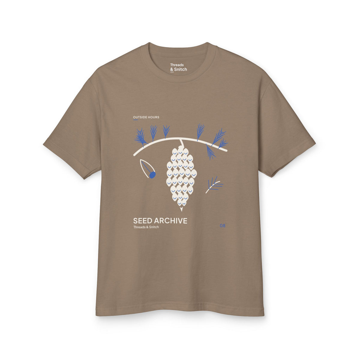 Mockup of Seed Archive Pinecone Tee in Faded Brown, front view showing pinecone beneath needle sprays with a separate winged seed.